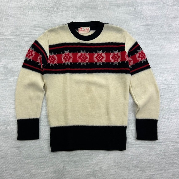 Vintage 50s 60s Minnesota Knitts Wool Sweater Size Medium Cream Geometric Stripe